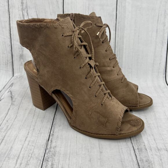 Report Shoes - Report (11) BRAID Brown Faux Suede Leather Lace Up Heel Booties
